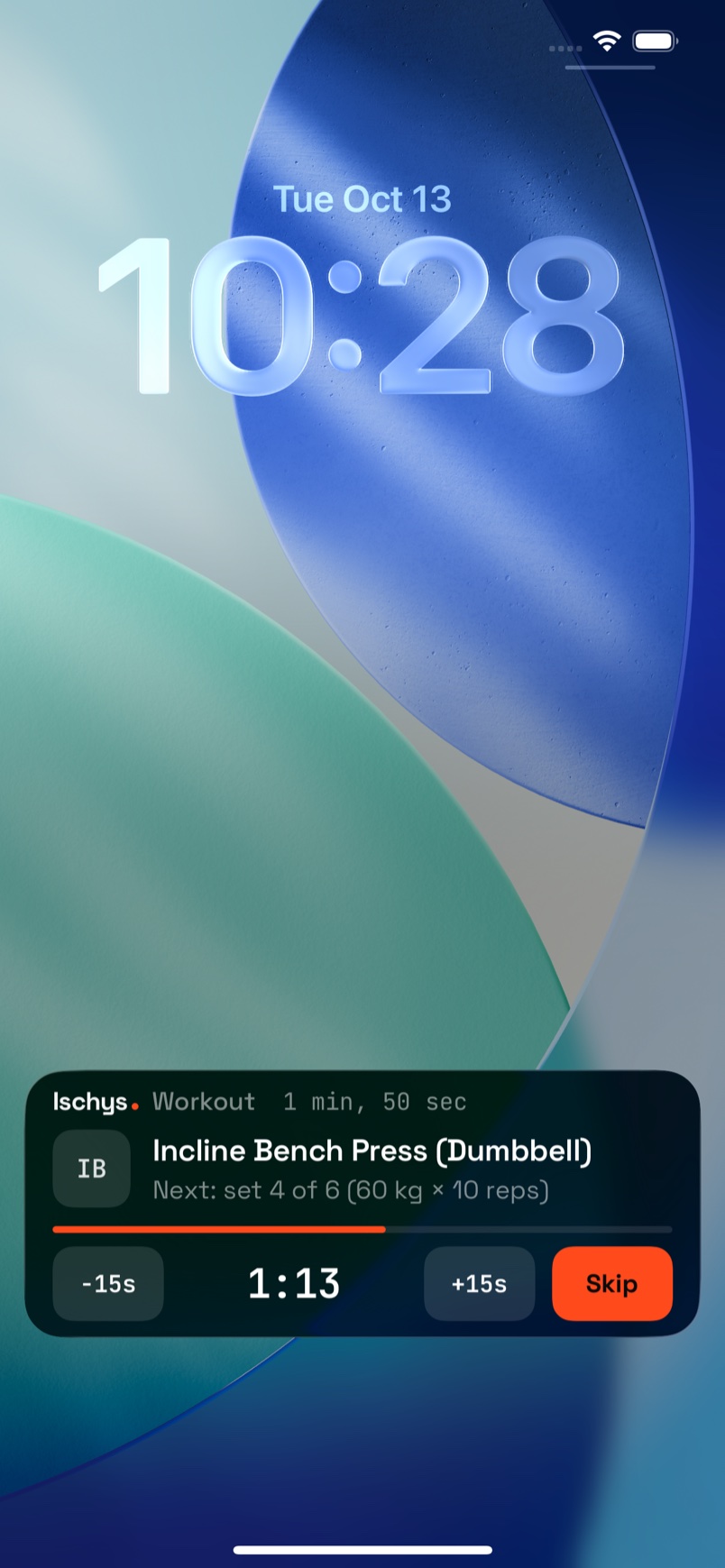 iPhone Lock Screen showing the Ischys Live Activity: the current exercise, the next set, a rest countdown and buttons for minus 15 seconds, plus 15 seconds and skip